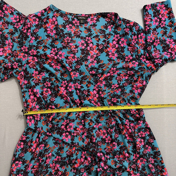 Cheztu Womens‎ Dress 12 Turquoise Blue Pink Floral Faux Wrap Ruffle Cottagecore - Picture 11 of 16